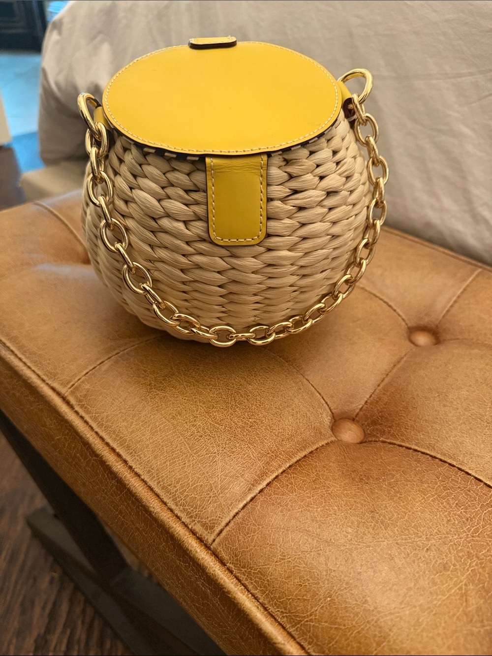 Frances Valentine light tan Woven Basket Bag with Yellow Leather Top - Picture 4 of 4